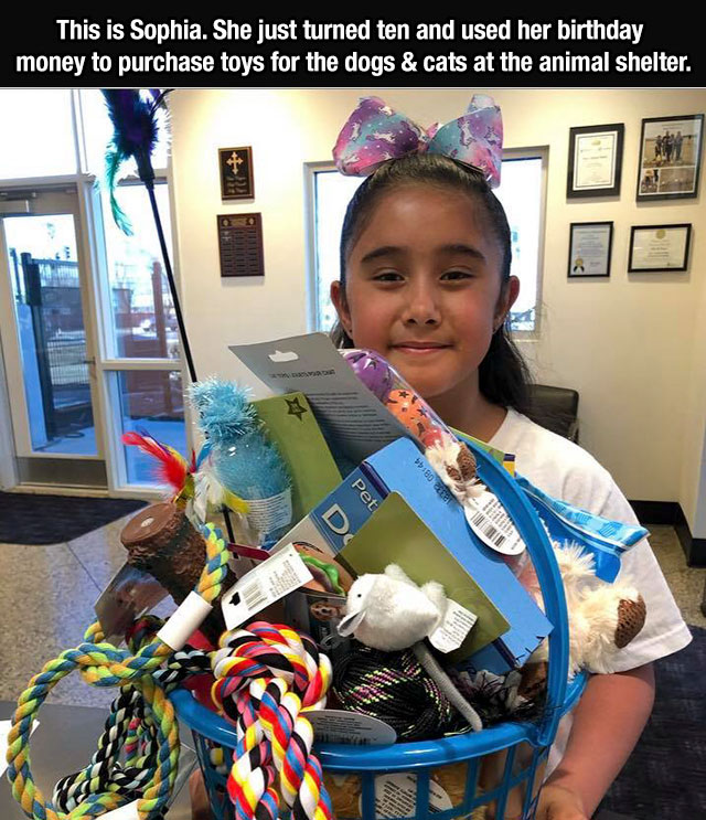 food - This is Sophia. She just turned ten and used her birthday money to purchase toys for the dogs & cats at the animal shelter. Pet