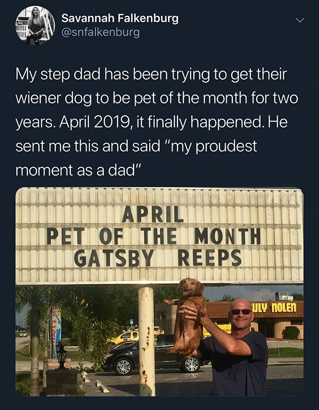 dad with dog of the month - Savannah Falkenburg My step dad has been trying to get their wiener dog to be pet of the month for two years. , it finally happened. He sent me this and said "my proudest moment as a dad" April Ni Pet Of The Month Gatsby Reeps 
