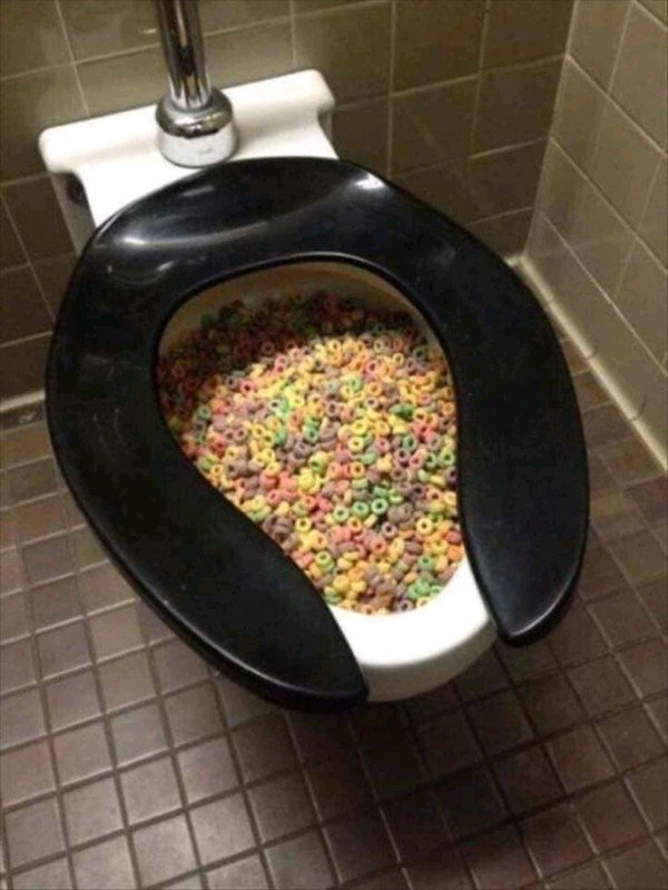 toilet filled with cereal