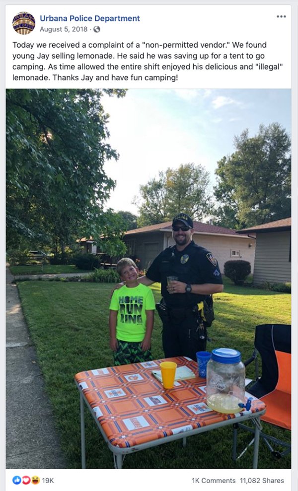 tree - Clean Urbana Police Department Ttt Today we received a complaint of a "nonpermitted vendor." We found young Jay selling lemonade. He said he was saving up for a tent to go camping. As time allowed the entire shift enjoyed his delicious and "illegal
