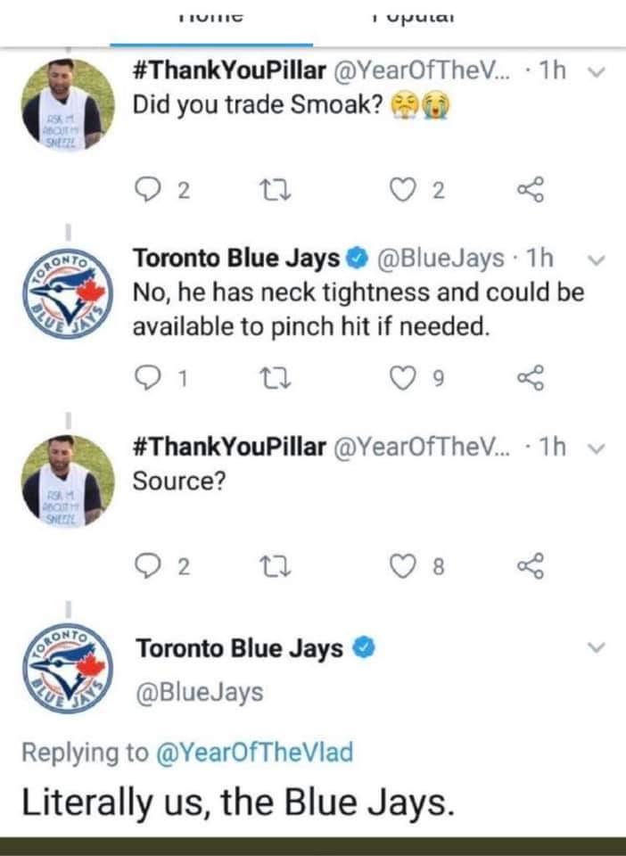 screenshot - Huhtc i upulai ... 1hv Did you trade Smoak? 96 Sneste 9 2 12 2 Toronto Blue Jays Jays 1h v No, he has neck tightness and could be available to pinch hit if needed. 21 22 9 ... 1h v Source? See Toronto Blue Jays Jays Literally us, the Blue Jay