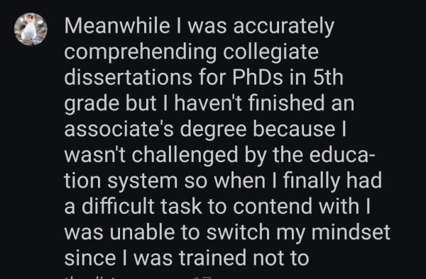 perth - Meanwhile I was accurately comprehending collegiate dissertations for PhDs in 5th grade but I haven't finished an associate's degree because I wasn't challenged by the educa tion system so when I finally had a difficult task to contend with was un