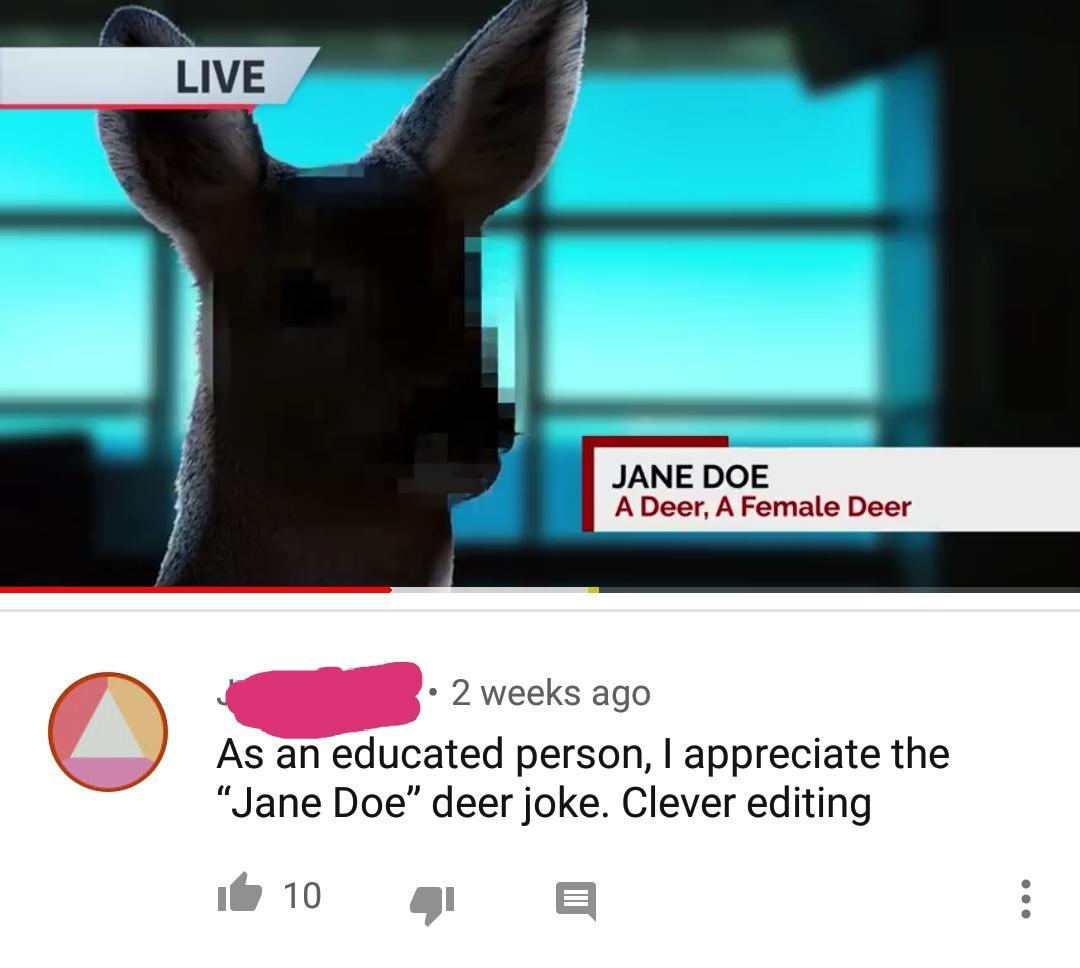 video - Live Jane Doe A Deer, A Female Deer 2 weeks ago As an educated person, I appreciate the "Jane Doe" deer joke. Clever editing As an educated person, pecite the it 10 J E