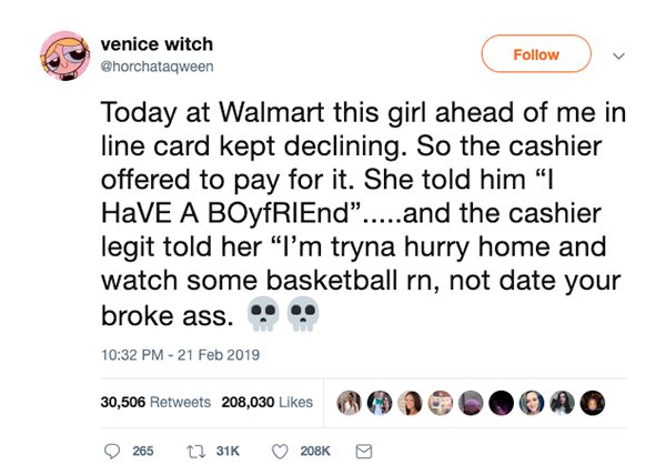 savage comeback document - venice witch Today at Walmart this girl ahead of me in line card kept declining. So the cashier offered to pay for it. She told him I HaVE A BOYFRIEnd".....and the cashier legit told her "I'm tryna hurry home and watch some bask