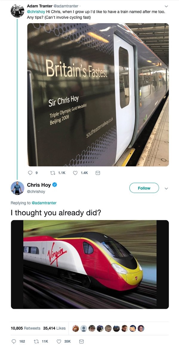 savage comeback chris hoy train twitter - Adam Tranter Hi Chris, when I grow up I'd to have a train named after me too. Any tips? Can't involve cycling fast Britain's Fastest Sir Chris Hoy Triple Olympic Gold Medalist Beijing 2008 southeasternorat 09 Chri