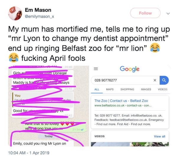 web page - Em Mason My mum has mortified me, tells me to ring up "mr Lyon to change my dentist appointment" end up ringing Belfast zoo for mr lion fucking April fools Google Girls ar ... Donegal 2040 or Whic Maddy is fra 028 90776277 essays All Maps Shopp