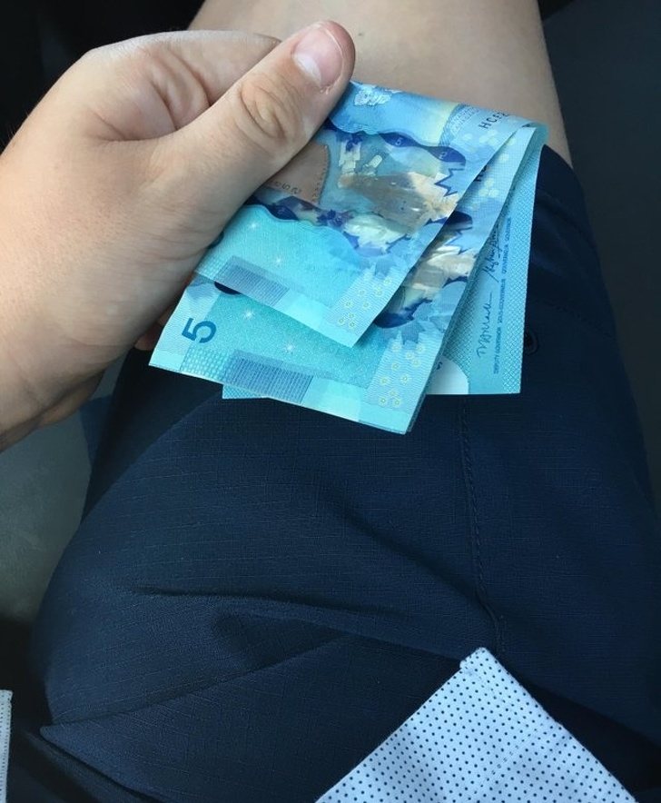 15 dollars found in a new pair of shorts.
