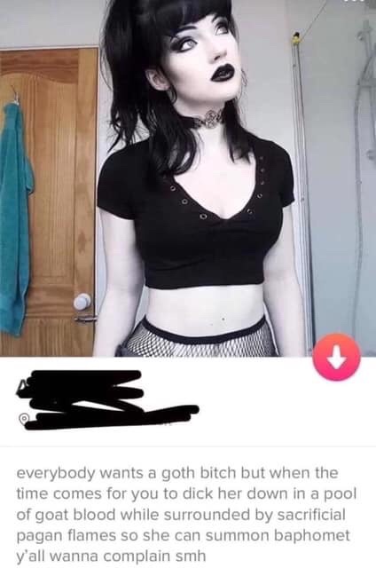 tinder goth - everybody wants a goth bitch but when the time comes for you to dick her down in a pool of goat blood while surrounded by sacrificial pagan flames so she can summon baphomet y'all wanna complain smh