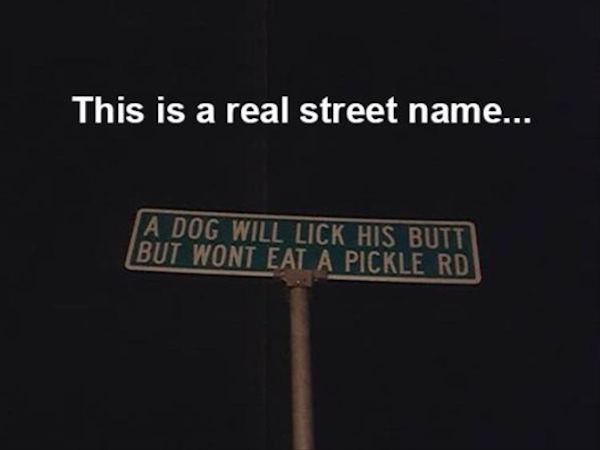 Humour - This is a real street name... A Dog Will Lick His Butt But Wont Eat A Pickle Rd