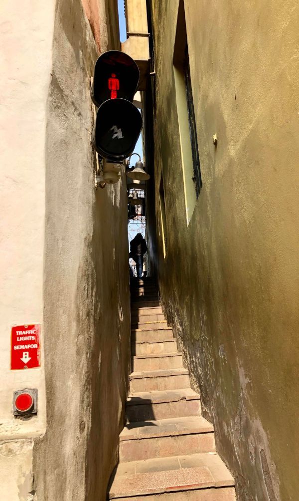 This narrow street has a traffic light.