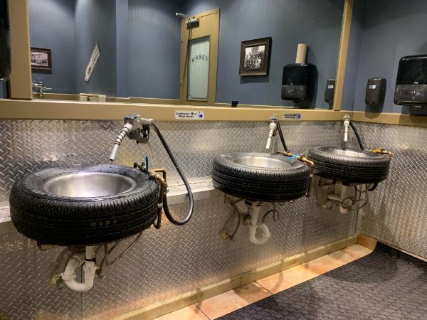 Sinks at this gas station washroom.