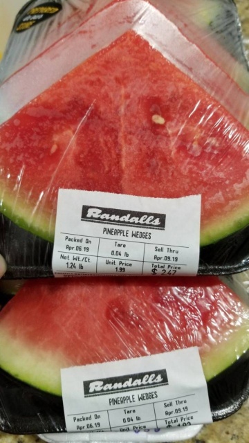 fail watermelon - Randalls Packed On Apr 06.19 Net Wt.Ce. 124 lb Pineapple Wedges Tare Sell Thru 0.04 b Rpr 09 19 Unit Price 199 Randalls Pineapple Wedges Tare Sell Thru Apr 09.19 Total Price Packed On 0.06 Apr 06.19