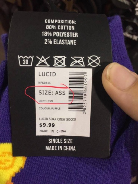 fail label - Composition 80% Cotton 18% Polyester 2% Elastane 1307 Xoxo Lucid NFS082L Size Ass 202577911601997 Dept 659 ColourPurple Lucid Soak Crew Socks $9.99 Made In China Single Size Made In China