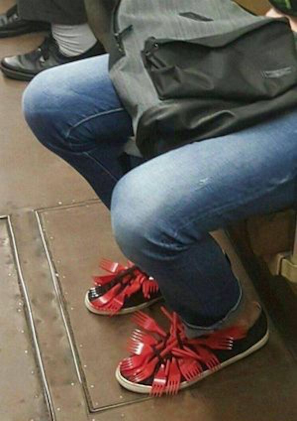shoes with red plastic forks