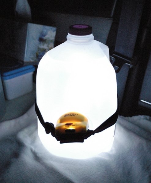 Stick a headlamp onto a jug of water to make an improvised lantern.