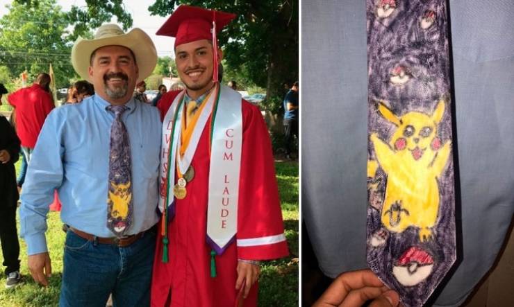Dad wore a tie his son made for him on his son's graduation.