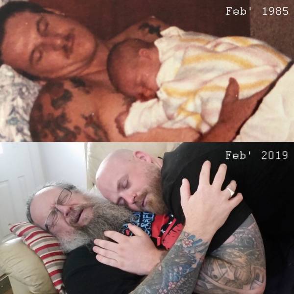Father and son recreate old photo.