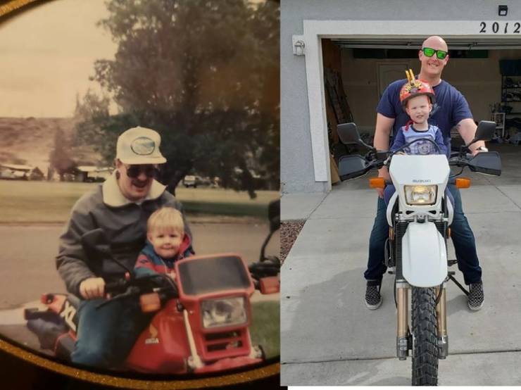 Father and son passing on the love of motorcycles.