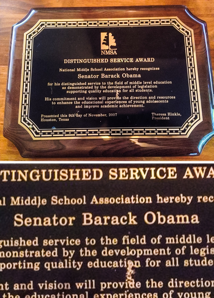 commemorative plaque - Nmsa Distinguished Service Award National Middle School Association hereby recognises Senator Barack Obama for his distinguished service to the field of middle level odation as demonstrated by the r est of legation supporting qualit