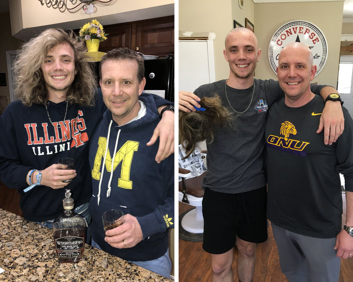 Son shaves his head to support his father with cancer.