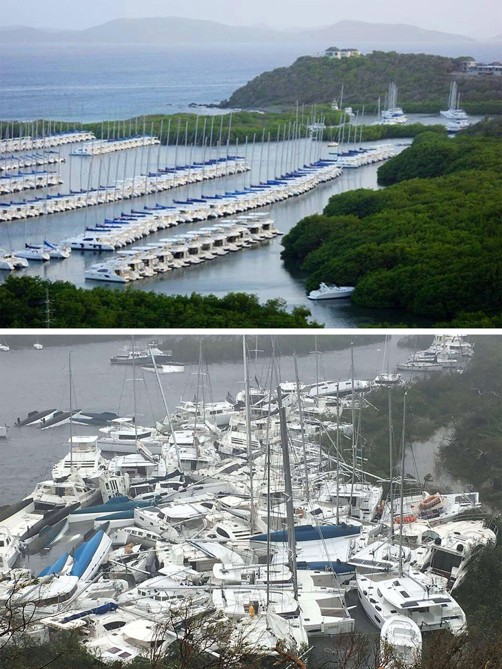 Before and after Hurricane Irma, British Virgin Islands.