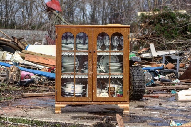 A tornado broke everything except this cabinet.