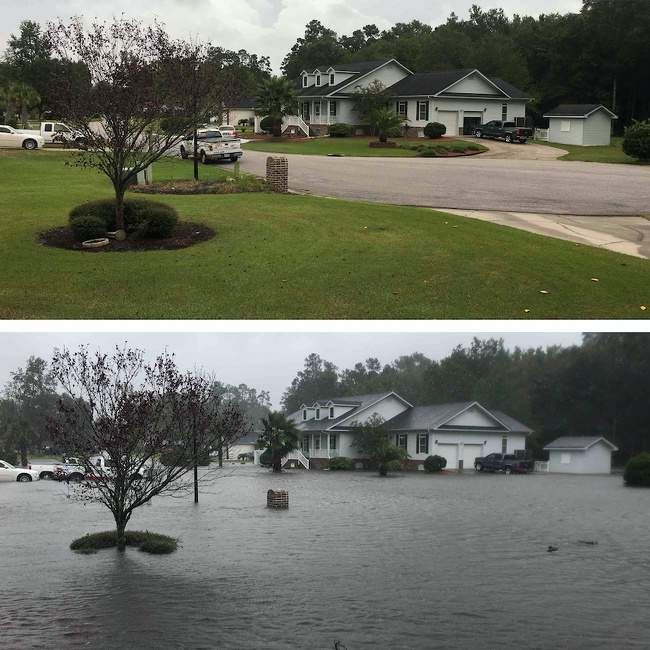 A front yard before and after a hurricane.
