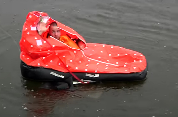 A life jacket that turns into a lifeboat.