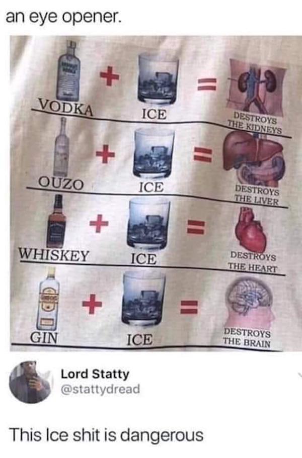 ice shit is dangerous - an eye opener. Vodka Ice Destroys The Kidneys Ouzo Ice Destroys The Liver Whiskey Ice Destroys The Heart Gin Ice Destroys The Brain Lord Statty This Ice shit is dangerous