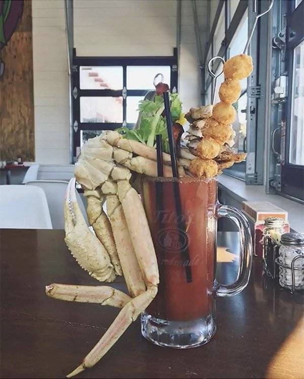 Food monstrosities of a drink with crab legs