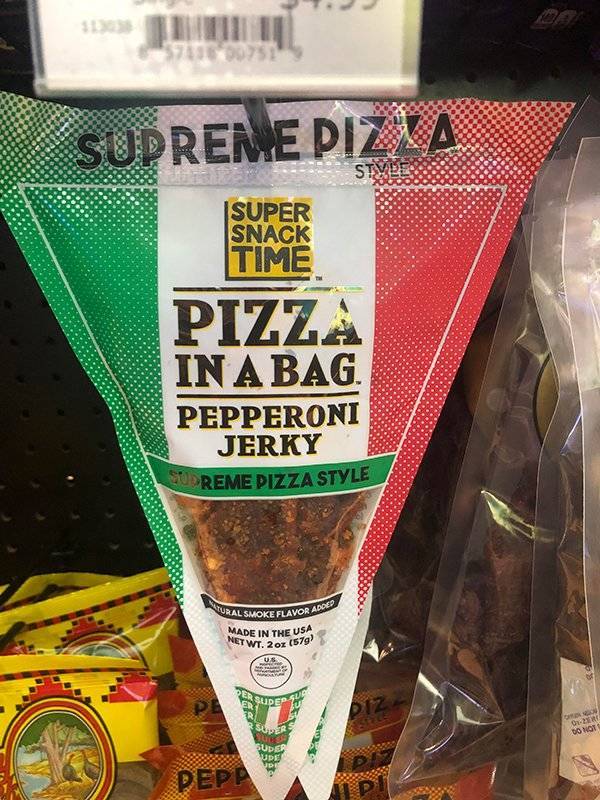 Food monstrosities of 370630731 Supreme Pizda Super Snack Pizza In A Bag. Pepperoni Jerky Reme Pizza Style Al Smoke Flavor Adde Made In The Usa Net Wt 20 579' Supep Tu Biz Ser Sono Super Ure