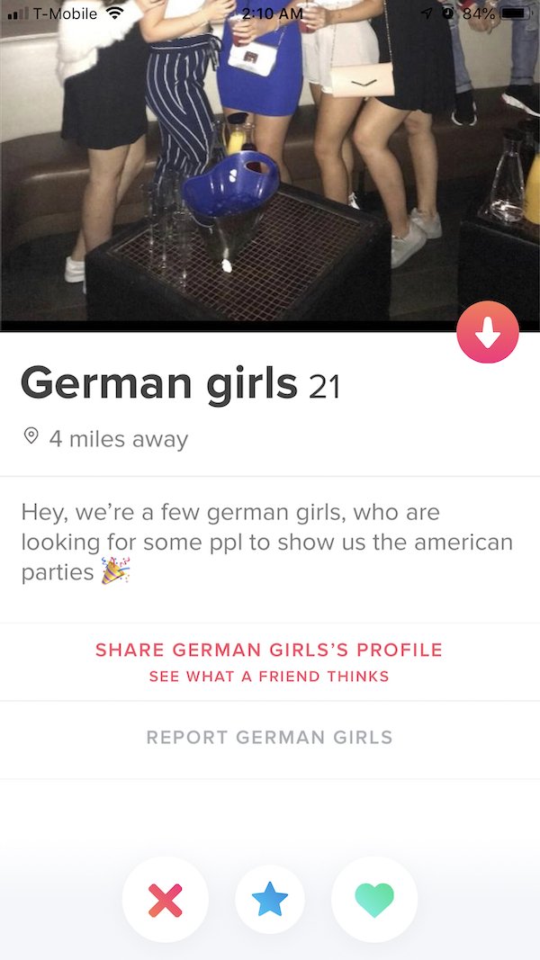 dark humour dating - 1 TMobile 1984% German girls 21 4 miles away Hey, we're a few german girls, who are looking for some ppl to show us the american parties German Girls'S Profile See What A Friend Thinks Report German Girls