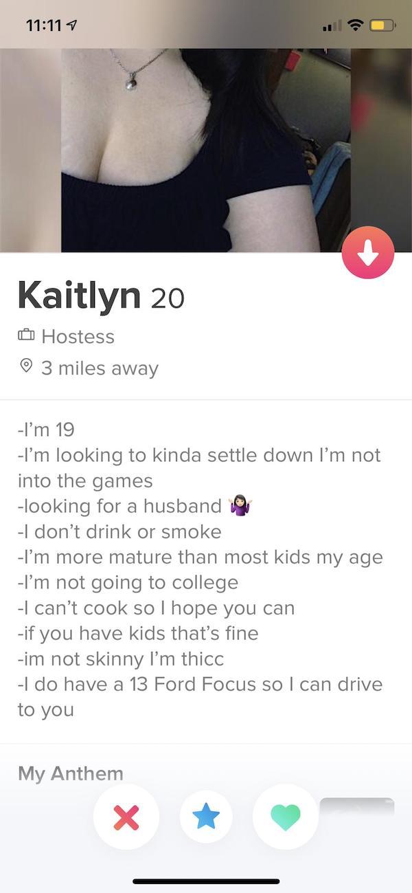 design - Kaitlyn 20 Hostess 0 3 miles away I'm 19 I'm looking to kinda settle down I'm not into the games looking for a husband I don't drink or smoke I'm more mature than most kids my age I'm not going to college I can't cook so I hope you can if you hav