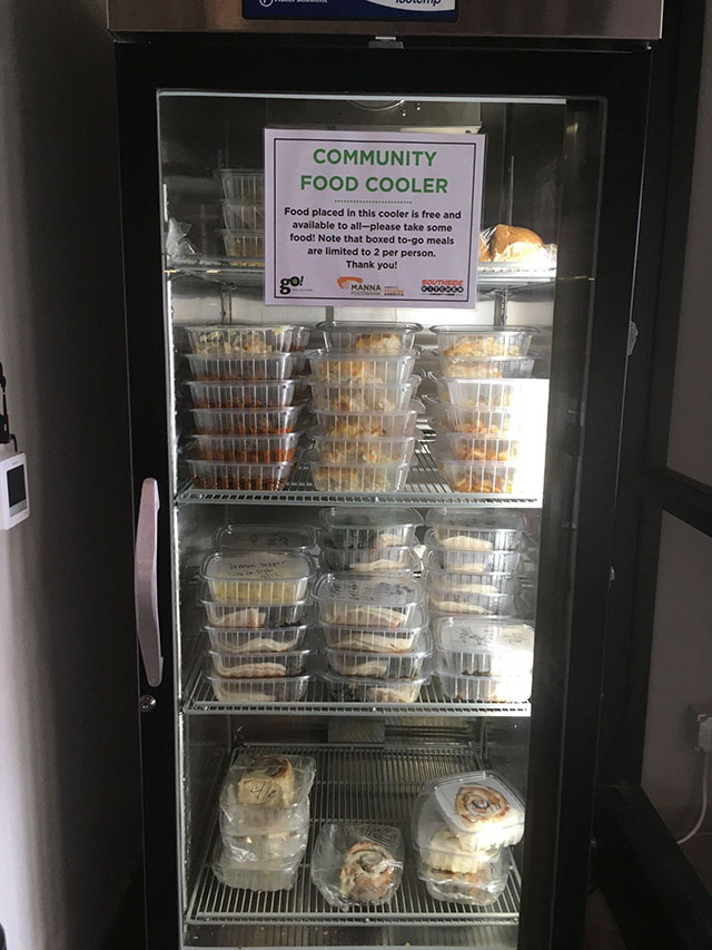 display case - Community Food Cooler Food placed in this cooler is free and available to allplease take some food! Note that boxed togo meals are limited to 2 per person. Thank you! go! Manna 00000d