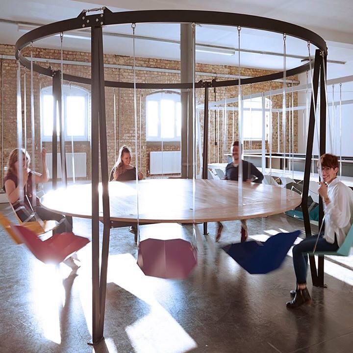 Swings at a dining table.