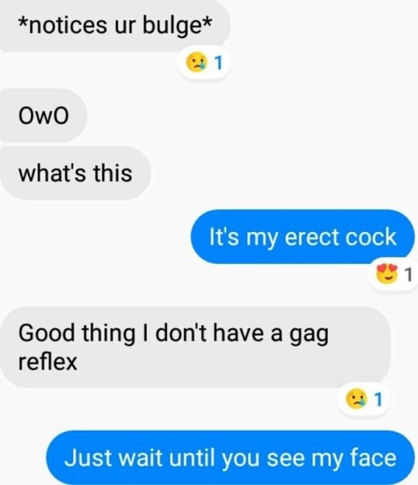 Smile - notices ur bulget Owo what's this It's my erect cock Good thing I don't have a gag reflex Just wait until you see my face