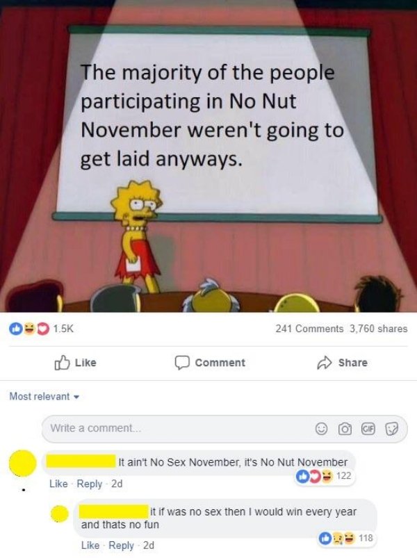 cartoon - The majority of the people participating in No Nut November weren't going to get laid anyways. Op 241 3,760 Comment Most relevant Write a comment... It ain't No Sex November, it's No Nut November 122 2d it if was no sex then I would win every ye