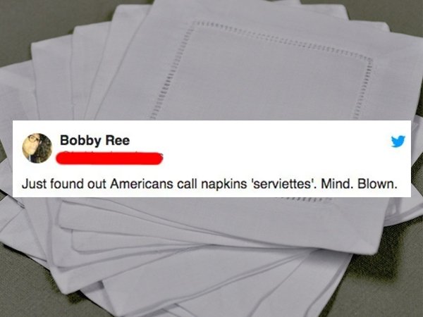 Napkin - Bobby Ree Just found out Americans call napkins 'serviettes'. Mind. Blown.