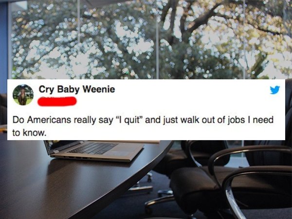 Business - Cry Baby Weenie Do Americans really say "I quit" and just walk out of jobs I need to know.