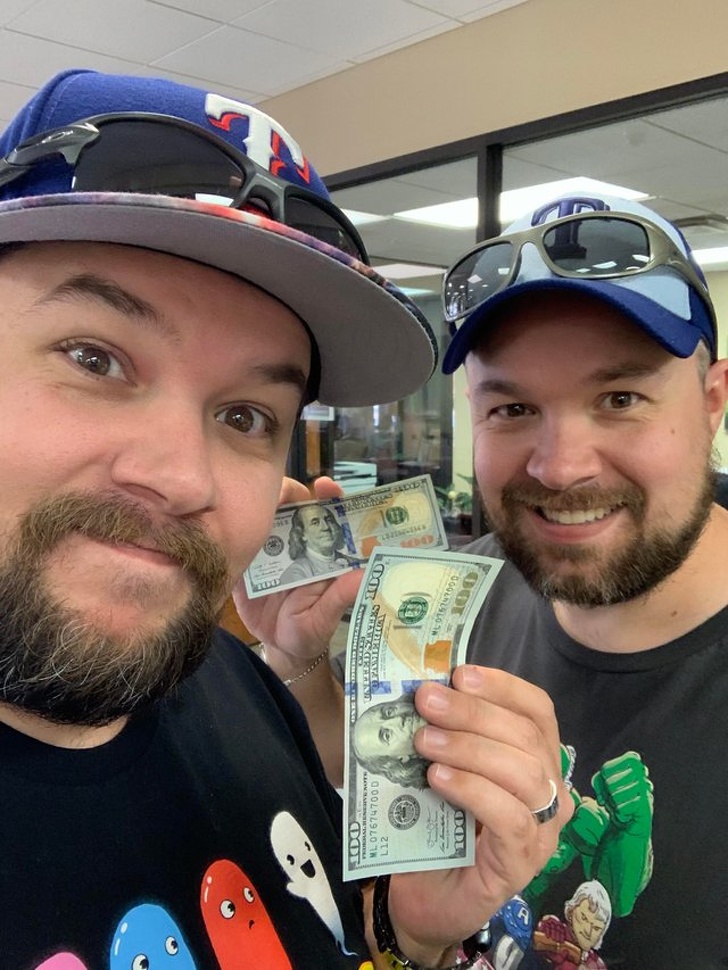 These twin brothers exchange $100 bills on their birthday.