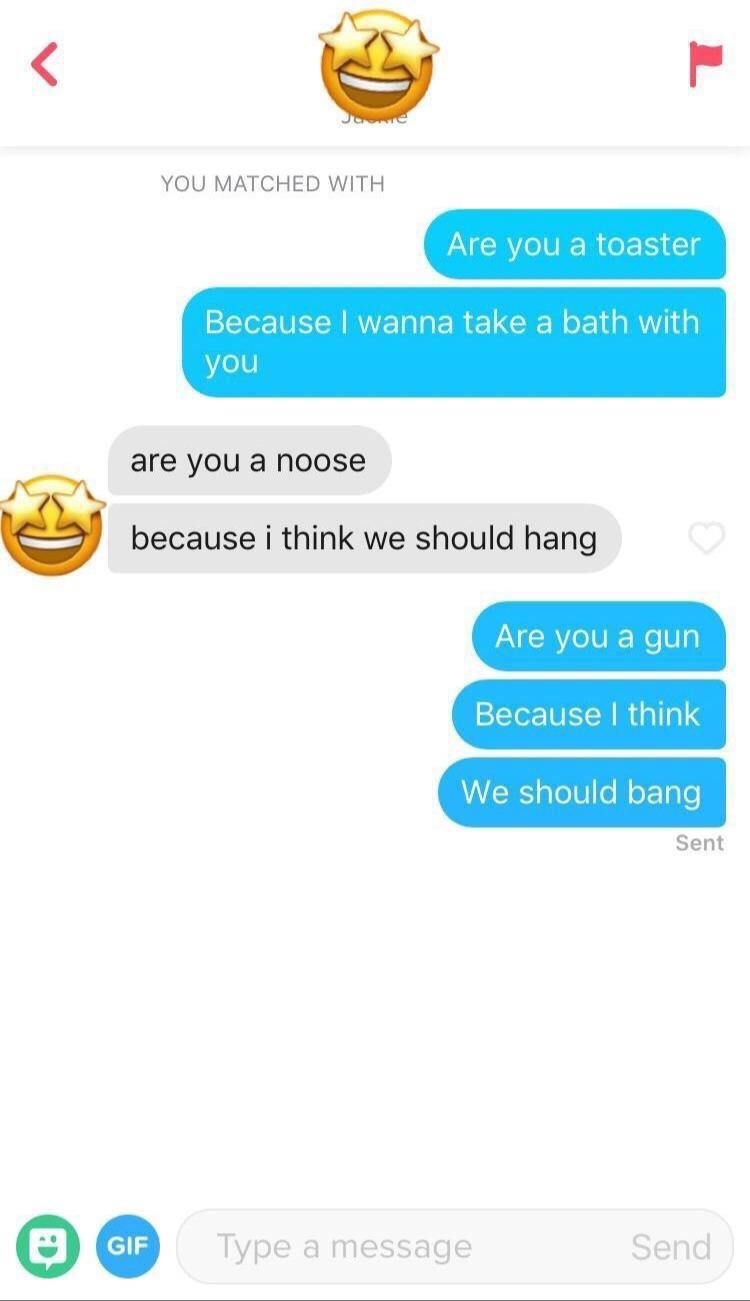 tinder - web page - You Matched With Are you a toaster Because I wanna take a bath with you are you a noose because i think we should hang Are you a gun Because I think We should bang Sent Gif Type a message Send