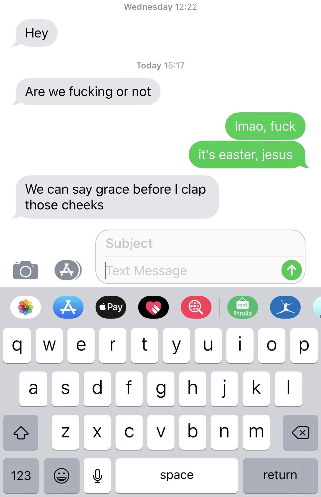 tinder - tana mongeau finsta - Wednesday Hey Today Are we fucking or not Imao, fuck it's easter, jesus We can say grace before I clap those cheeks Subject A JText Message rent Strulia as d f g h i ki azxcvb n m 123 space return