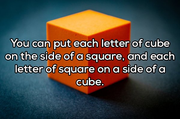 Shower thoughts - orange - You can put each letter of cube on the side of a square, and each letter of square on a side of a cube.