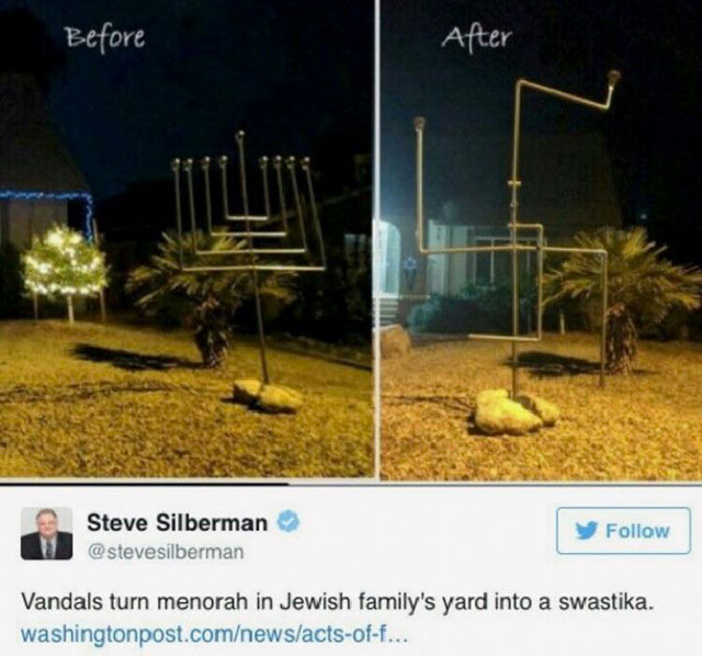 Trashy People - vandalized menorah - Before After Steve Silberman Vandals turn menorah in Jewish family's yard into a swastika. washingtonpost.comnewsactsoff...