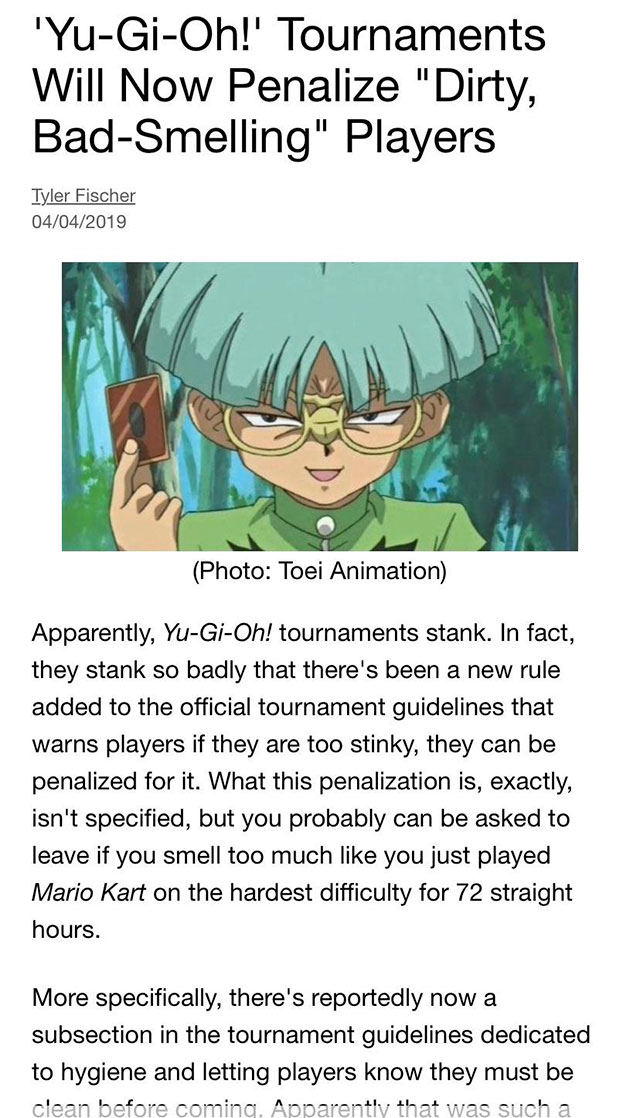 Trashy People - cartoon - 'YuGiOh!' Tournaments Will Now Penalize "Dirty, BadSmelling" Players Tyler Fischer 04042019 Photo Toei Animation Apparently, YuGiOh! tournaments stank. In fact, they stank so badly that there's been a new rule added to the offici