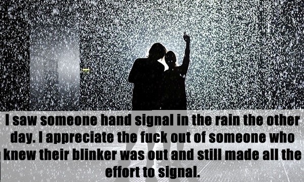 lifehack unwritten rule about rain - I saw someone hand signal in the rain the other day. I appreciate the fuck out of someone who knew their blinker was out and still made all the . effort to signal.