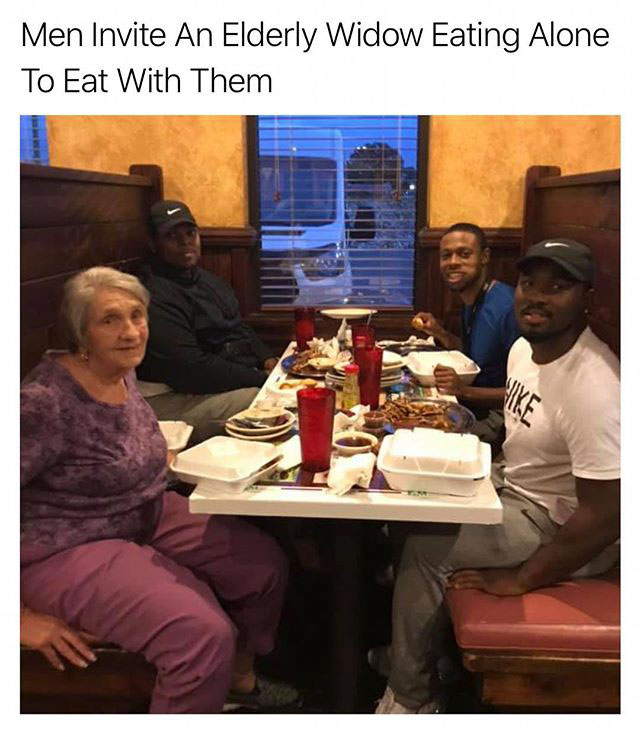 elderly woman eating alone - Men Invite An Elderly Widow Eating Alone To Eat With Them