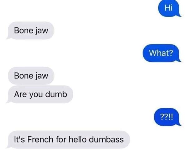 communication - Bone jaw What? Bone jaw Are you dumb ??!! It's French for hello dumbass
