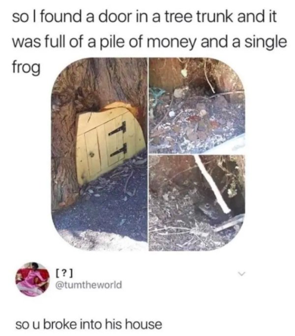 so you broke into his house - sol found a door in a tree trunk and it was full of a pile of money and a single frog ? laumtheworld so u broke into his house