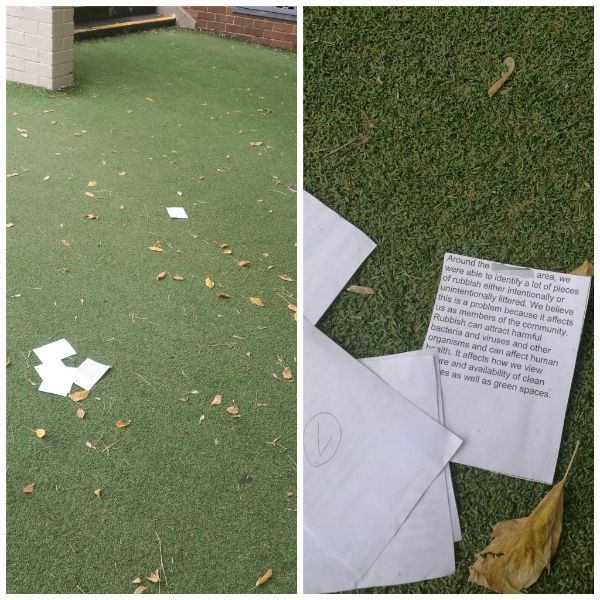 grass - Around the were able to identify a lot of pieces of rubbish either intentionally or area, we unintentionally arbored. We believe this is a problem because it affects sus members of the community Rubbish can attract harmful bacteria and viruses and